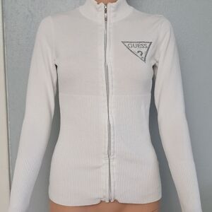 Guess White Zip-Up Sweater